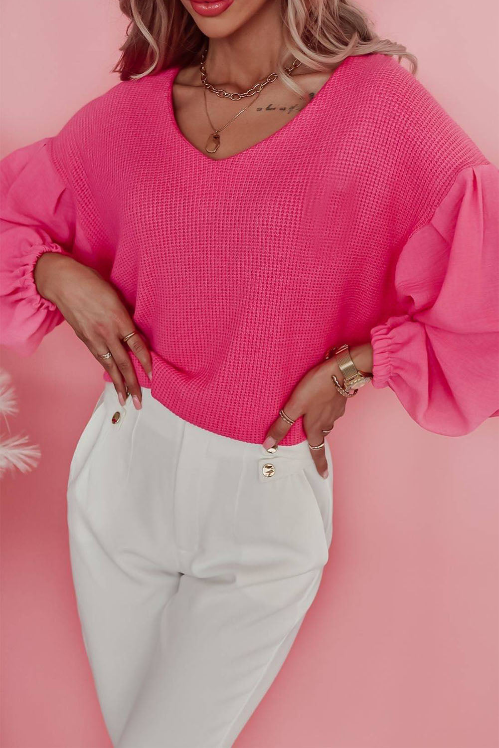 Rose Waffle Knit Balloon Sleeve Splicing V Neck Top