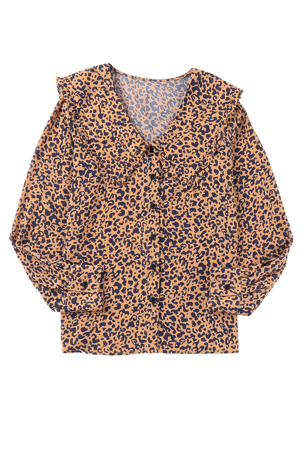 Leopard Print Buttoned Frilled V Neck Top