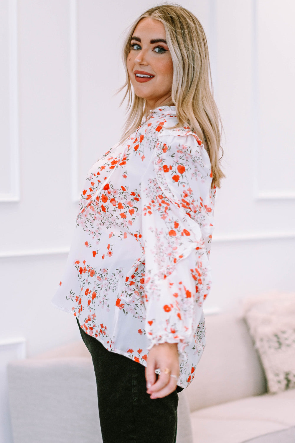 White Split V Neck Floral Plus Size Blouse with Ruffles