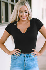 Black Solid Color Split Neck Short Sleeve Bodysuit