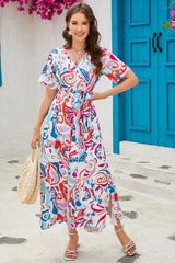 Multicolor Abstract Printed Wrap V Neck Belted Maxi Dress