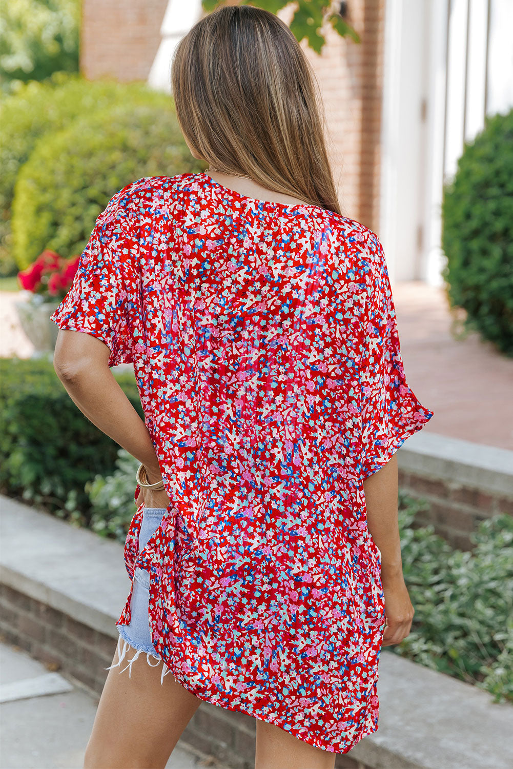 Red Abstract Floral Print Oversize Tunic Top