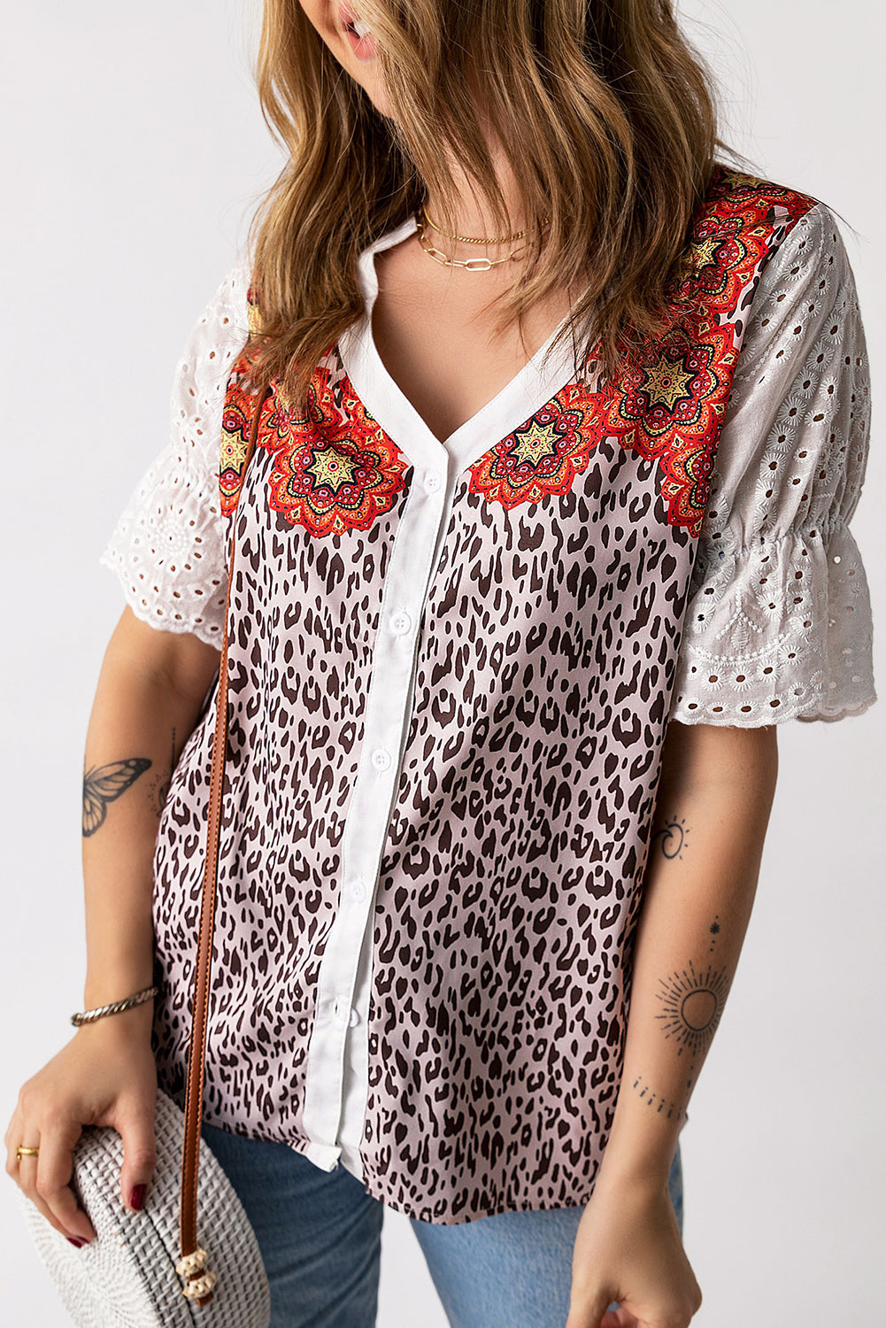 Leopard Mandala Hollow-out Sleeves T-shirt