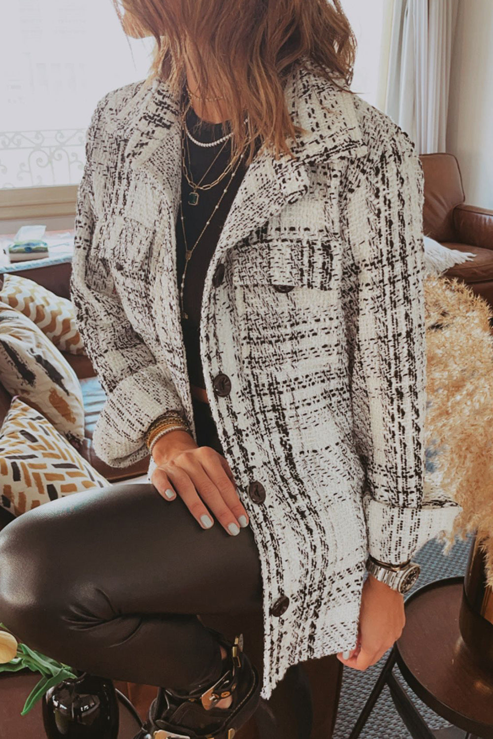White Plaid Print Pocketed Shirt Jacket