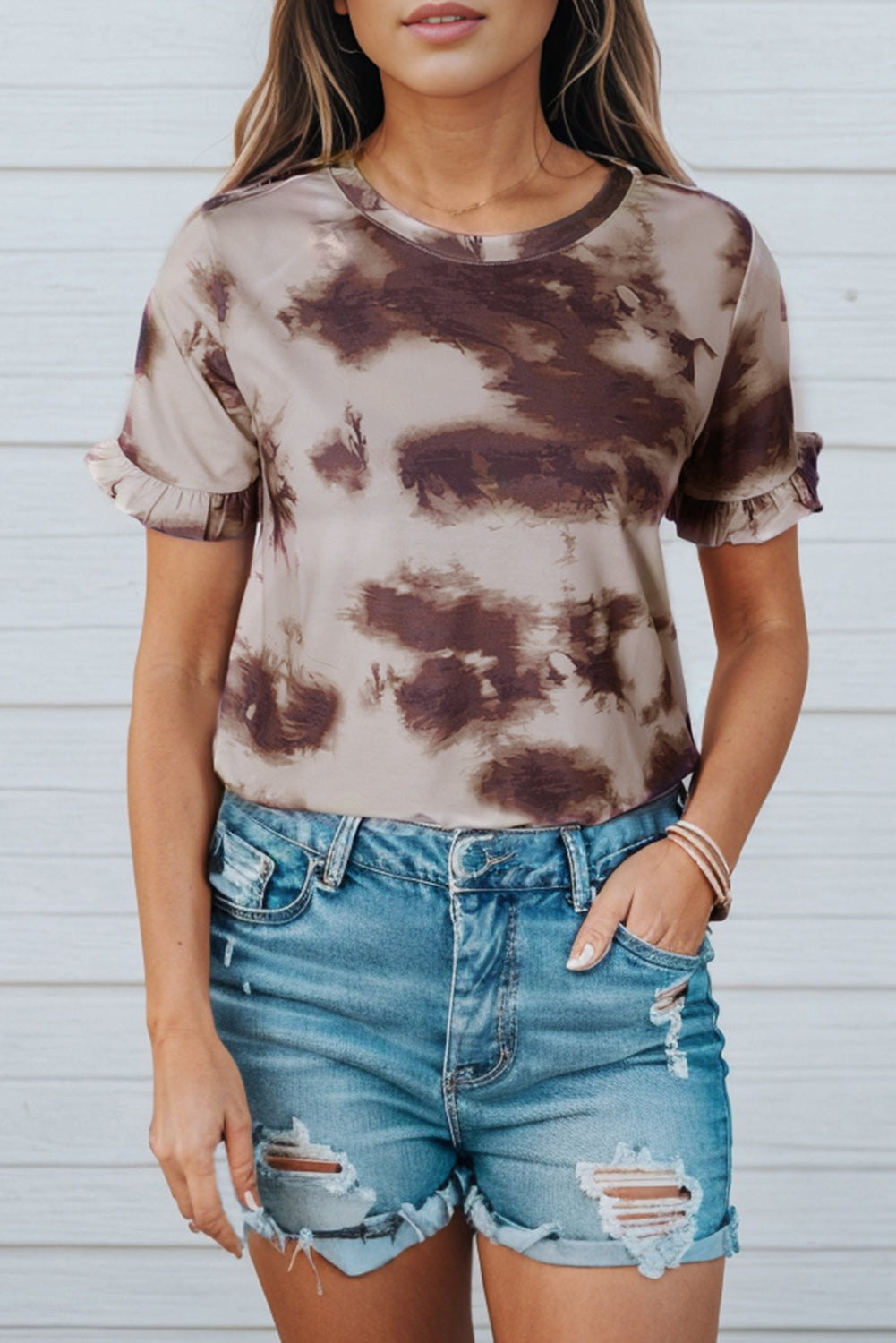 Brown Vintage Tie Dye Ruffled Sleeve T Shirt