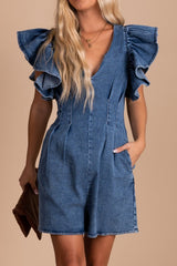 Blue Ruffle Pleated Denim Romper with Pockets