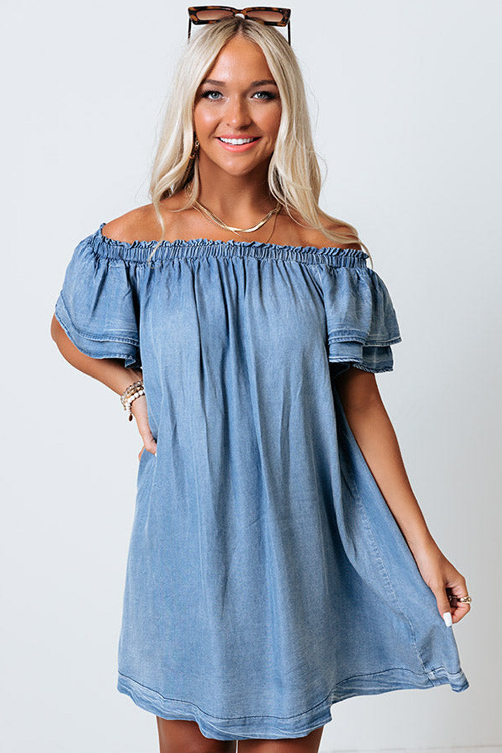 Sky Blue Off-shoulder Ruffle Sleeves Chambray Dress