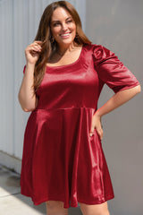 Red Plus Size Ruched Puff Sleeves Fit Flare Midi Dress