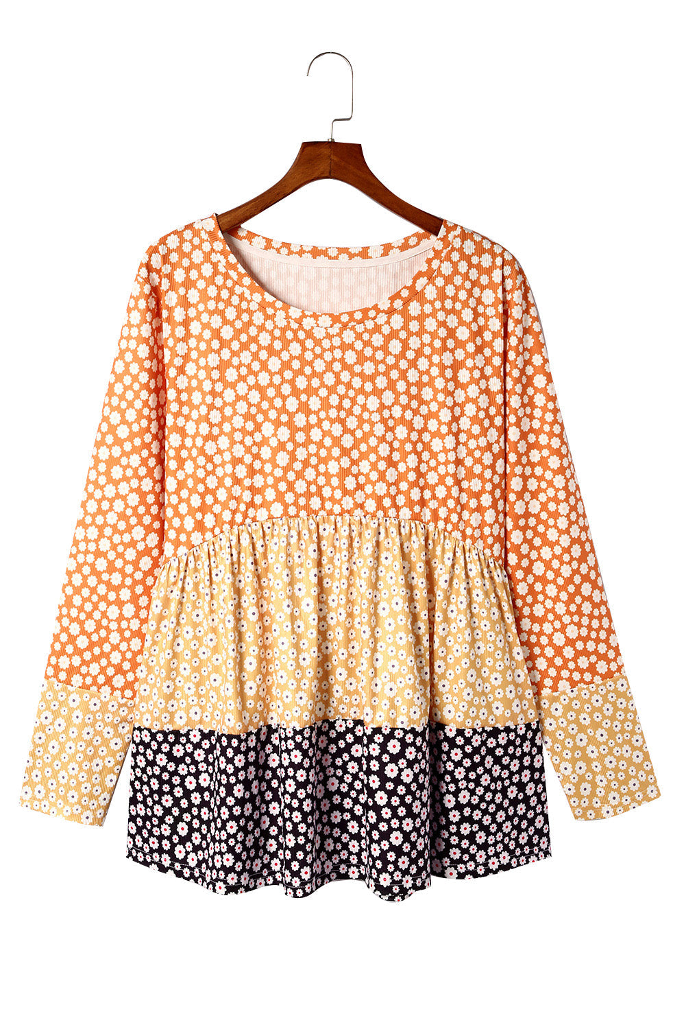 Orange Plus Size Colorblock Blooming Daisy Long Sleeve Flowy Top