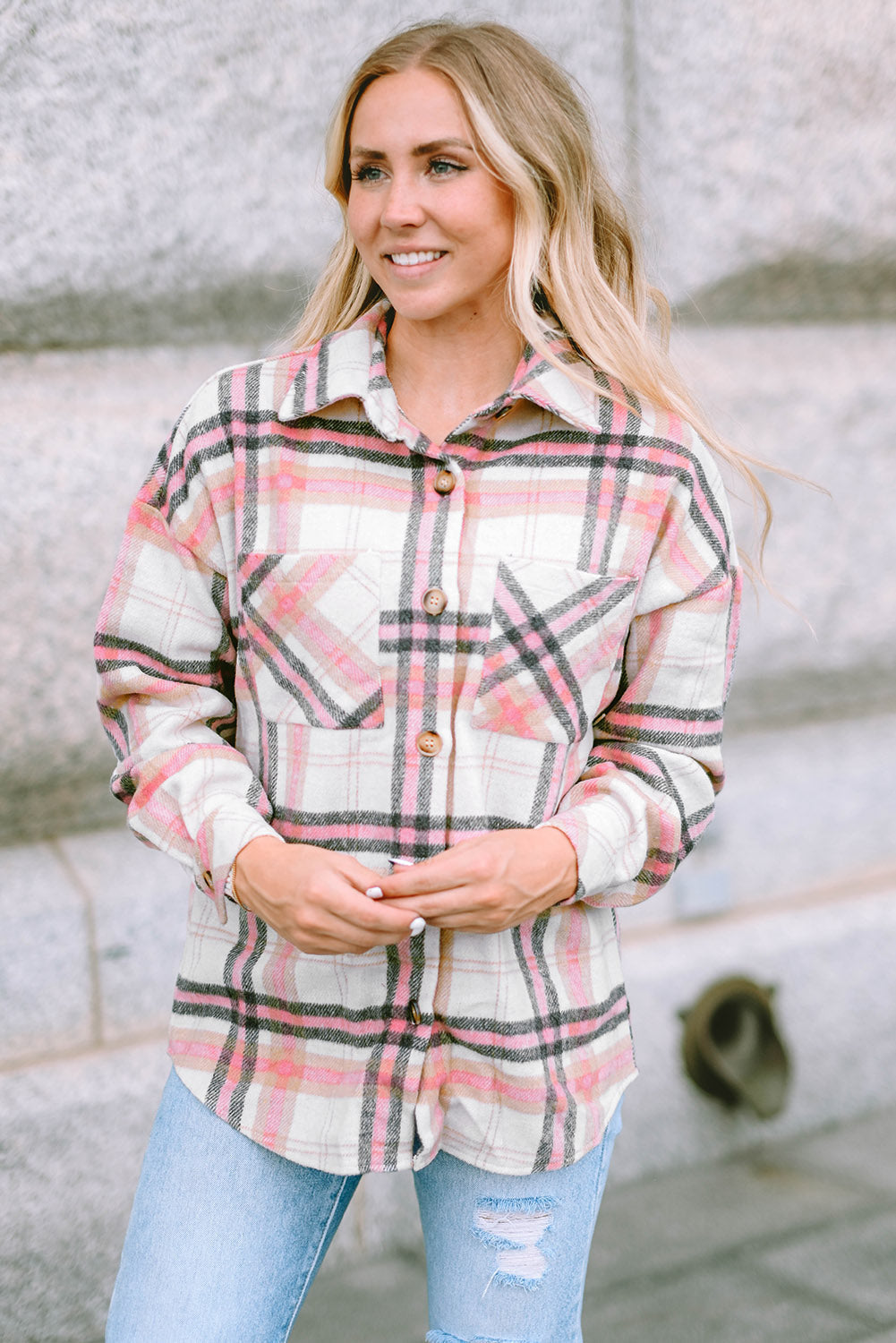 Pink Plaid Button Front Chest Pocket Shacket