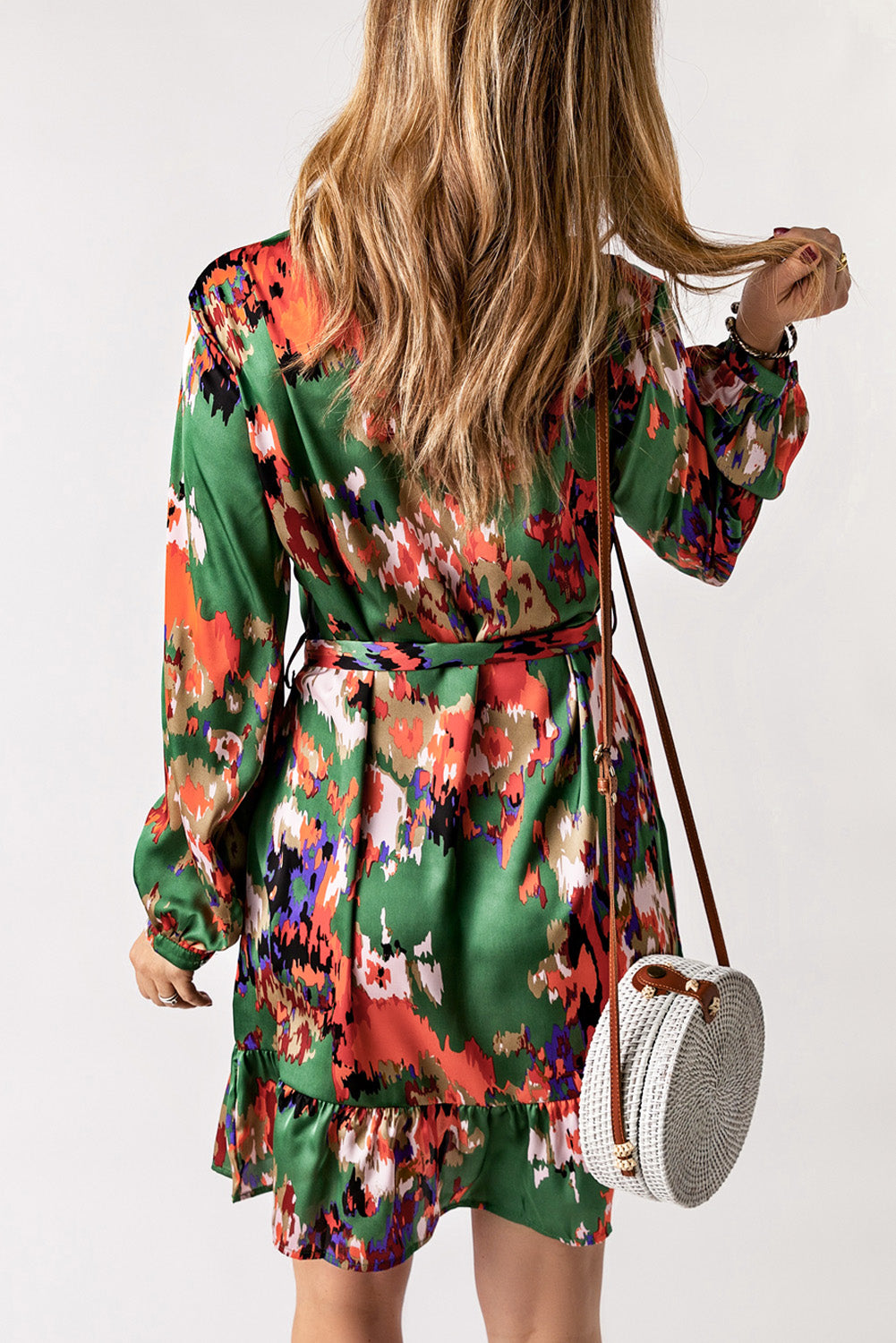 Green Abstract Print Ruffled Drawstring High Waist Mini Dress