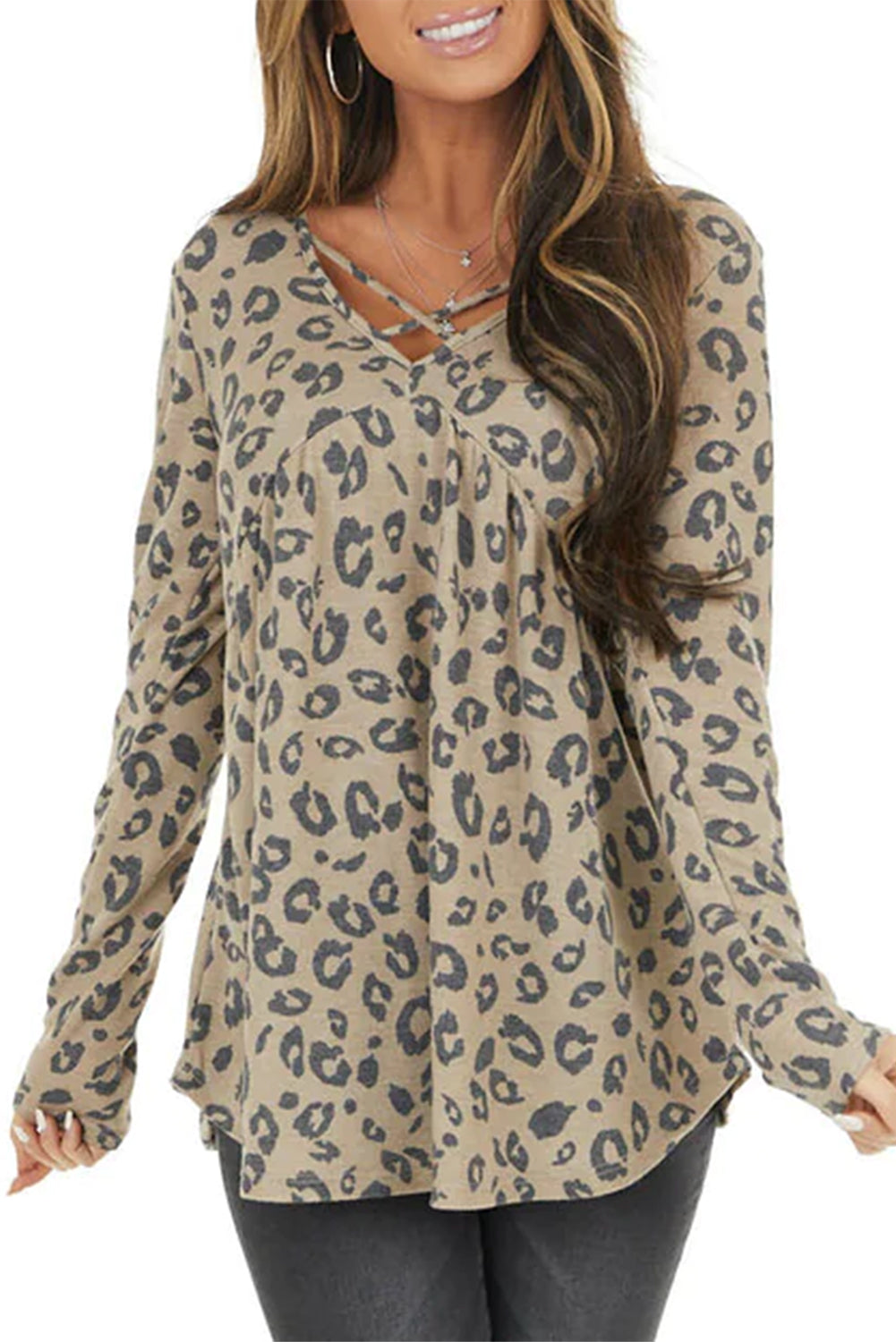 Leopard Animal Print Crisscross Neck Flowy Top