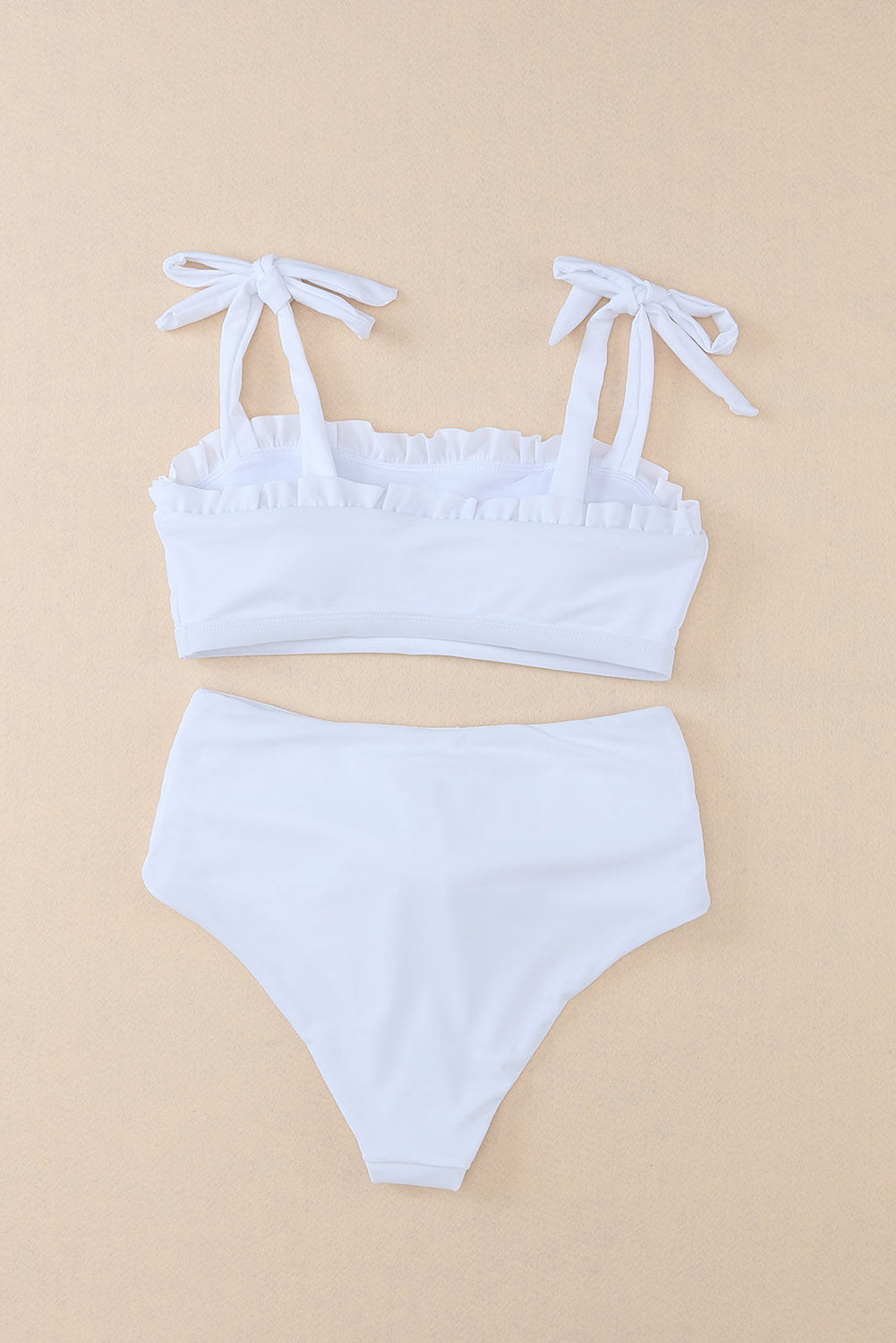 White Frill Trim Tie Shoulder Bikini High Waist Swimsuit