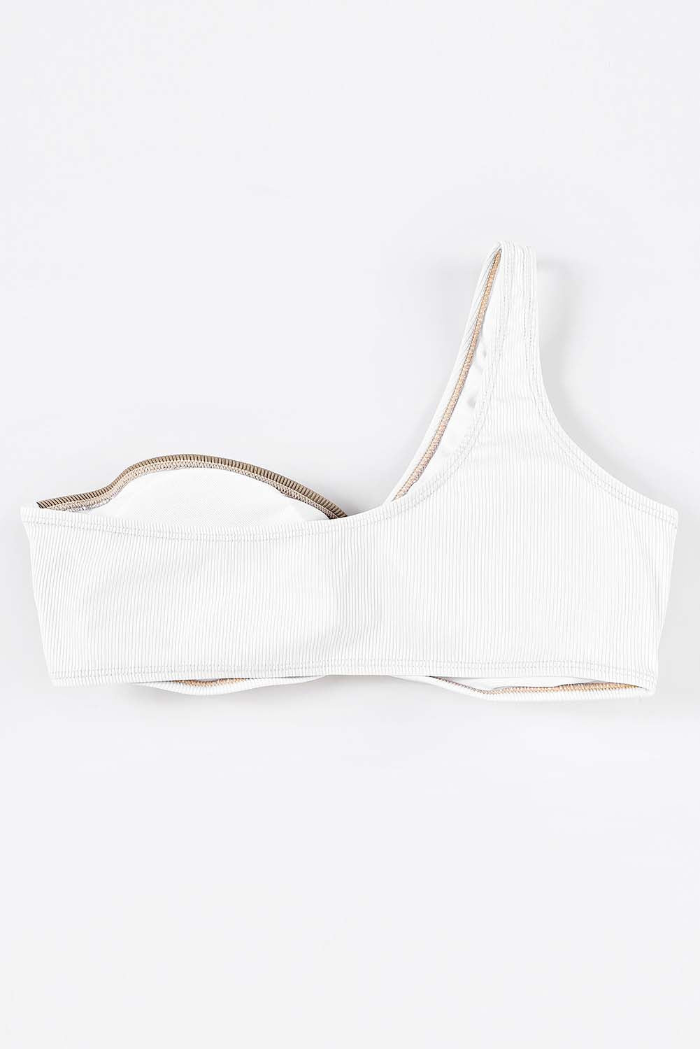 White Asymmetric Color Block Ribbed One Shoulder Bikini Swimsuit