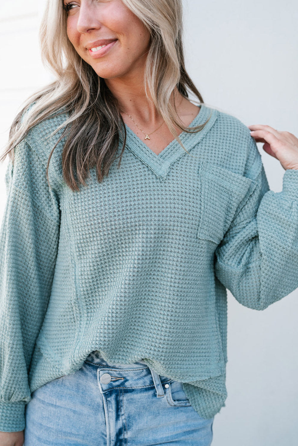 Mist Blue Raw Edge Detail Waffle Knit V Neck Top