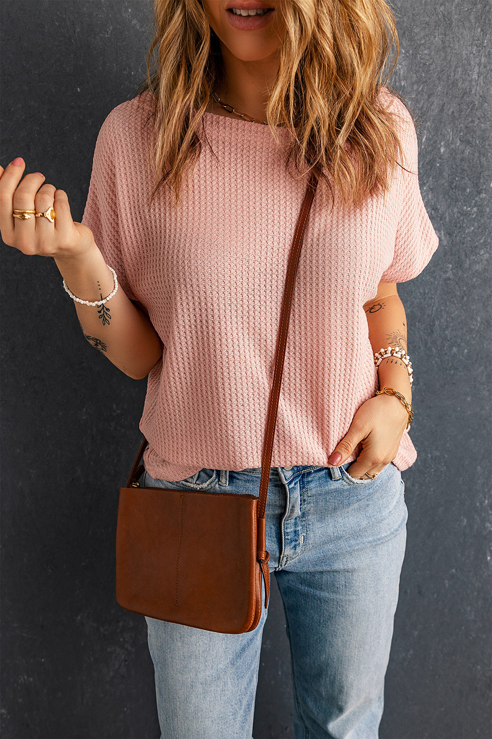 Pink Wide High Straight Neck Waffle Knit Top