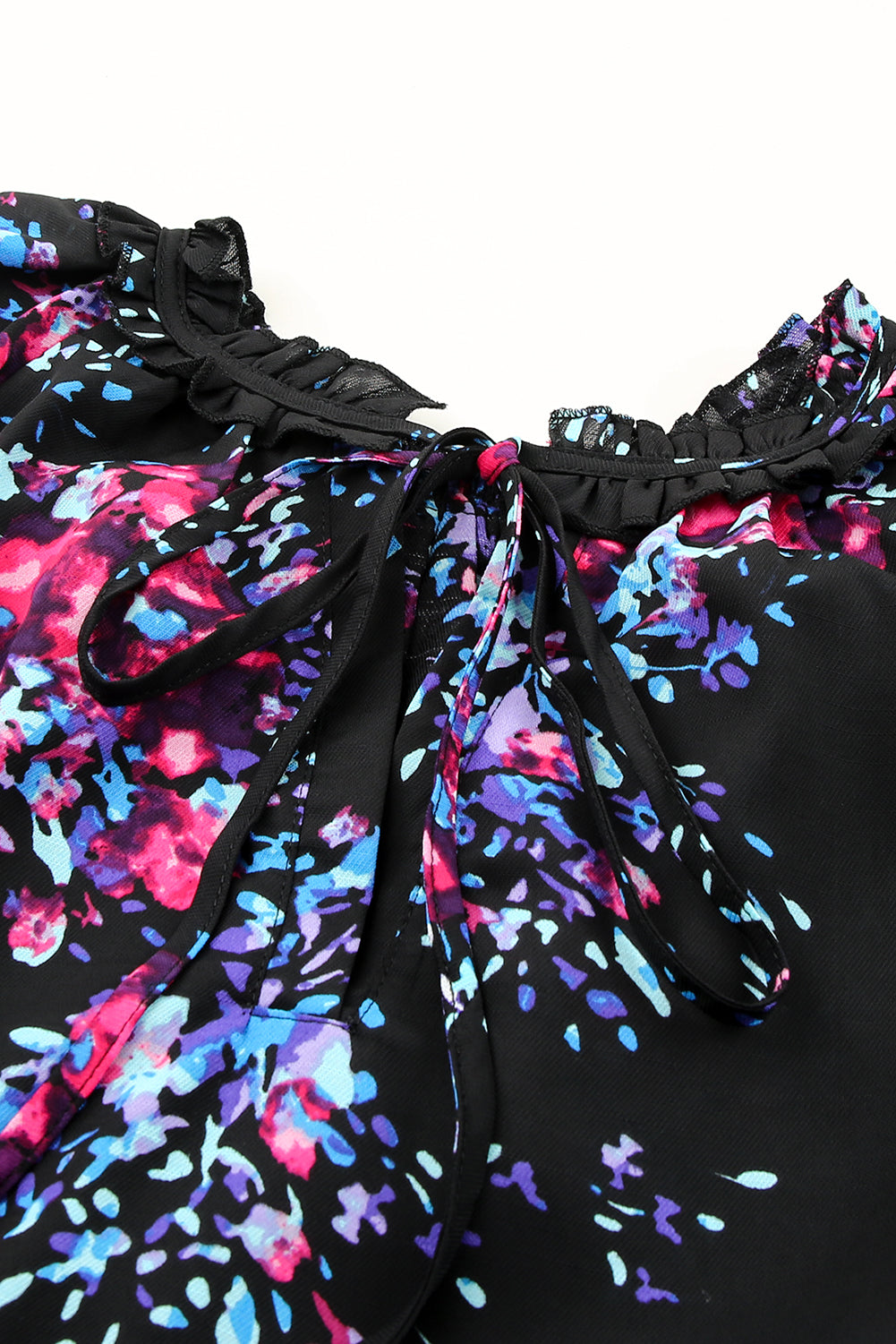 Black Butterfly Sleeves Split V Neck Tie-dye Print Blouse