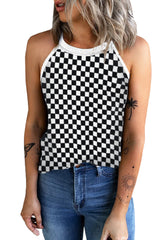 Black Plaid O Neck Sleeveless Tank Top