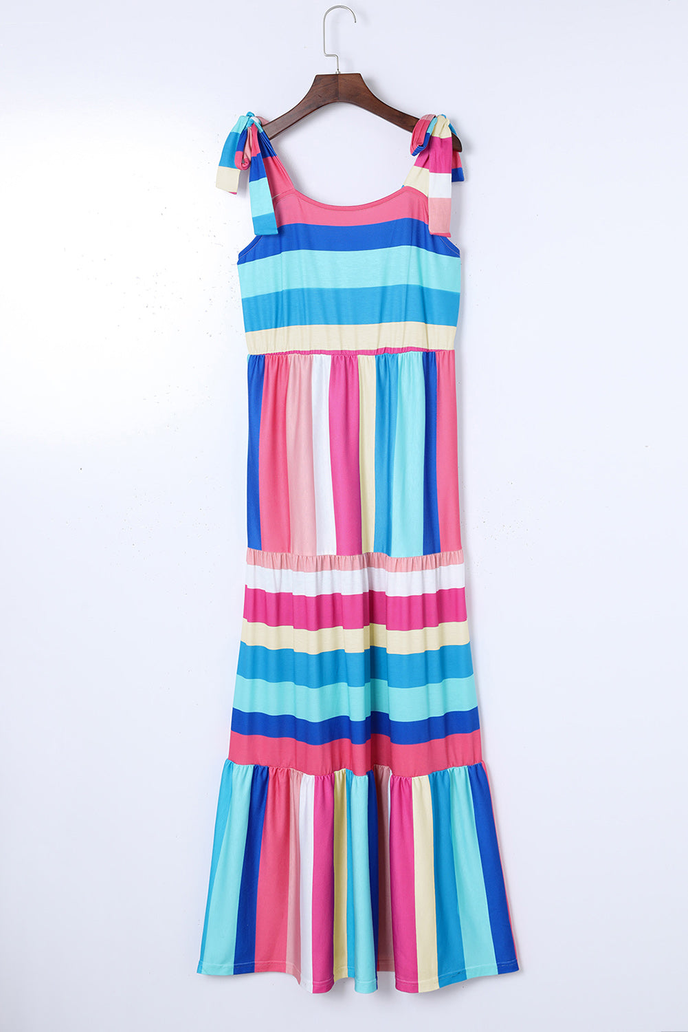 Multicolor Striped Print Colorblock Knotted Shoulder Peplum Tank Top