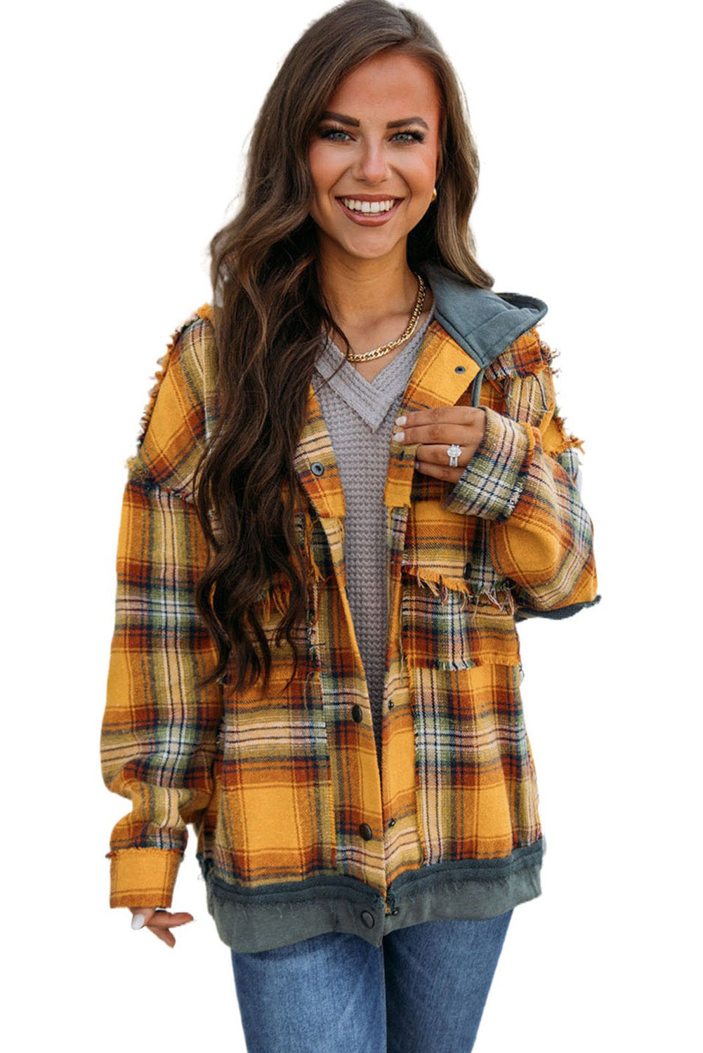 Orange Plaid Patch Hooded Frayed Snap Button Jacket