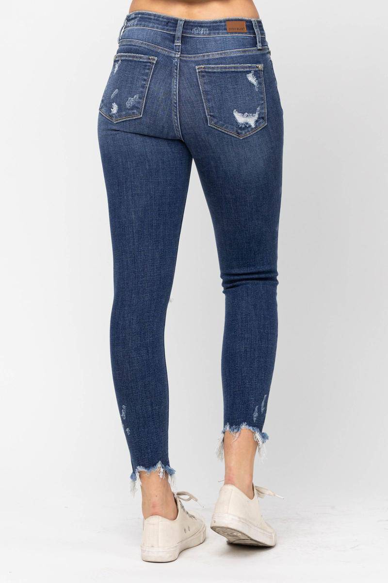 Mid-Rise Raw Hem Destroyed Skinny Jeans