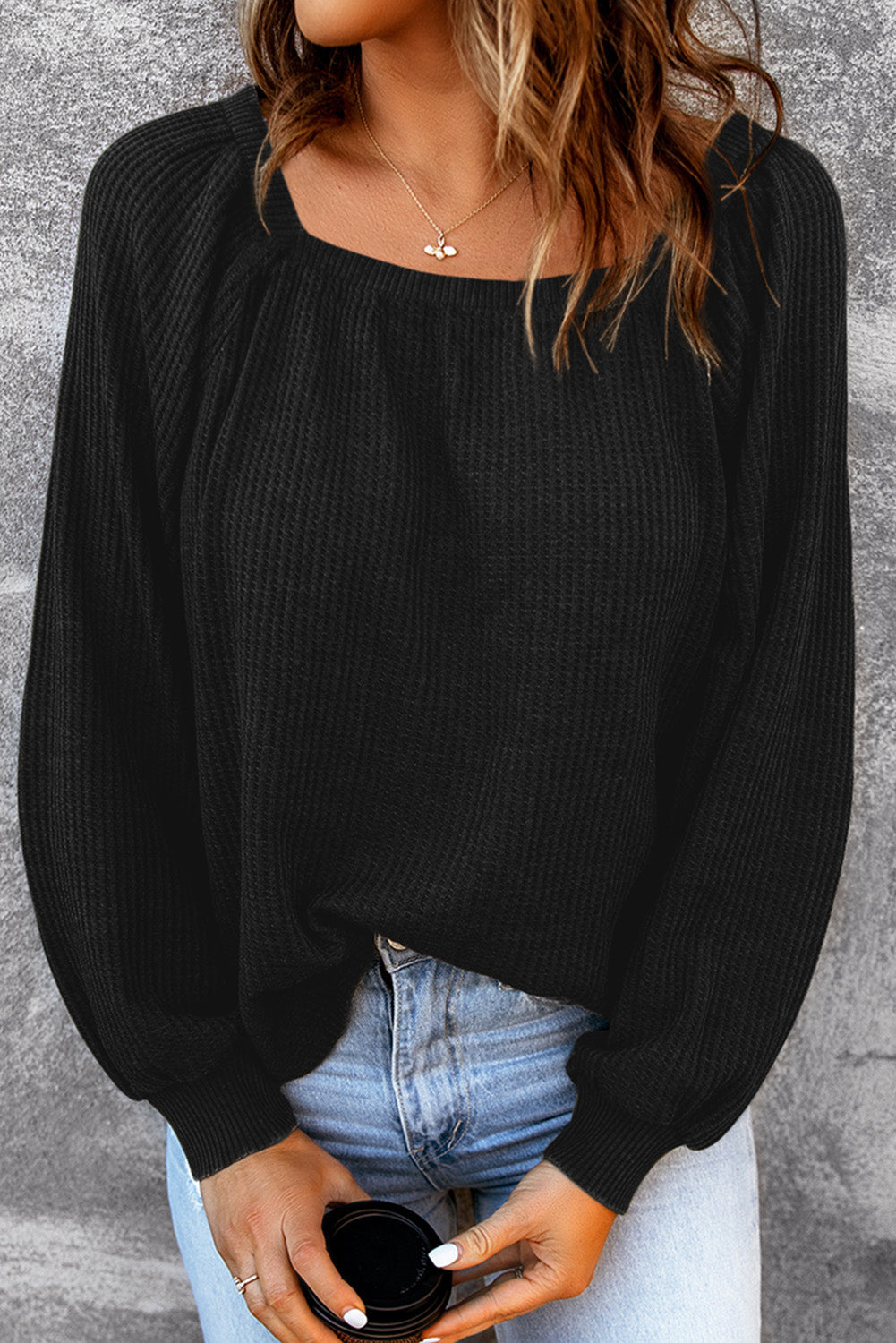 Square Neck Puff Sleeve Waffle Knit Top