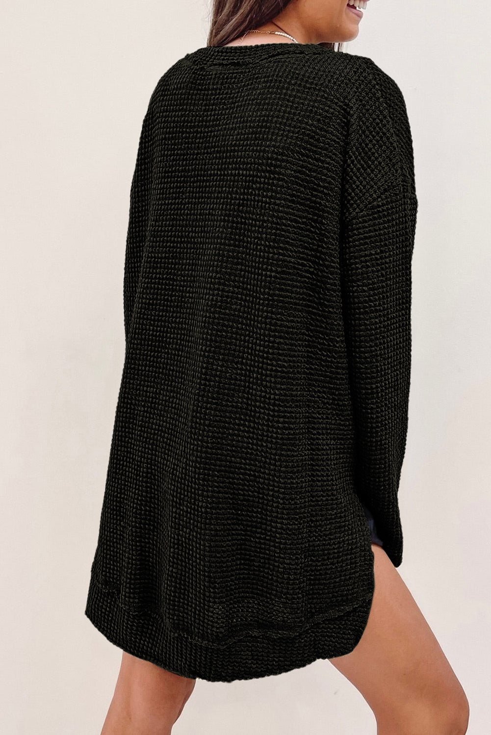 Gray Waffle Knit High Slits Oversized Top