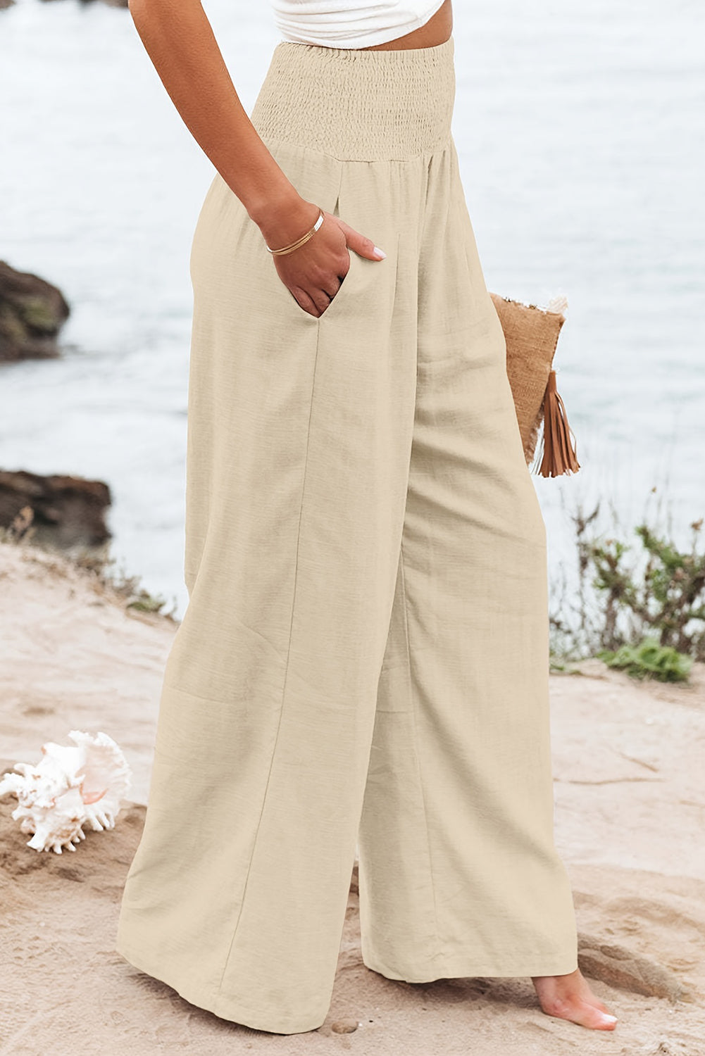 Black Smocked Wide Waistband High Waist Wide Leg Pants