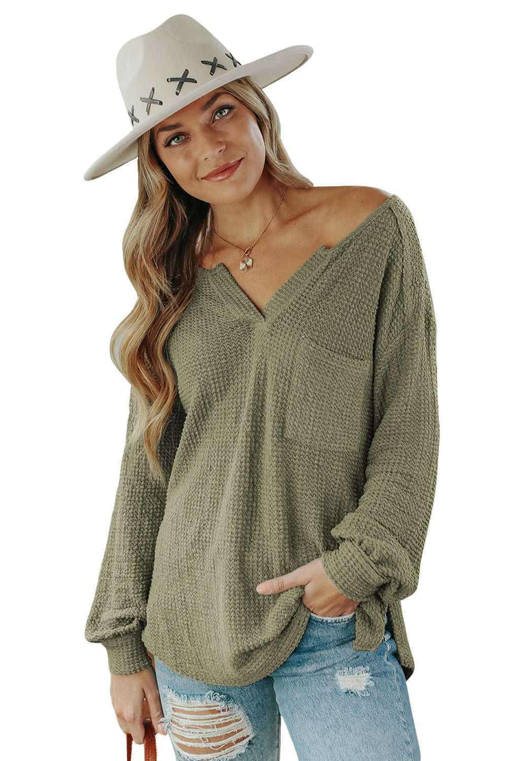 Beige Waffle Knit Split Neck Pocketed Loose Top