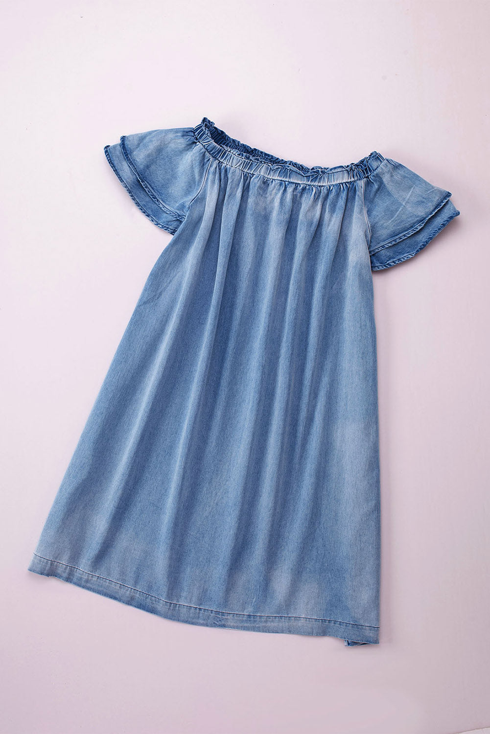 Sky Blue Off-shoulder Ruffle Sleeves Chambray Dress