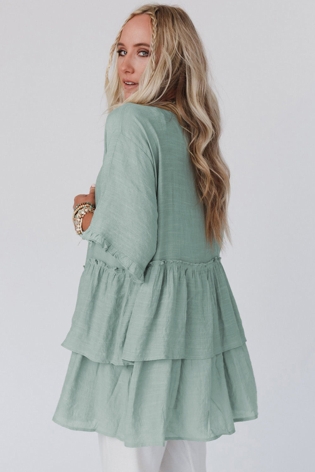Gray Ruffled Trim Half Sleeve Open Front Kimono