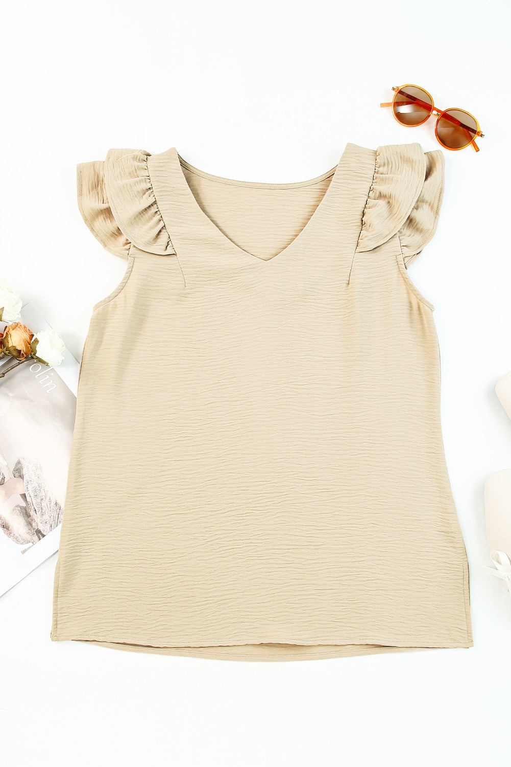 Khaki Ruffle Tiered Sleeve V Neck Tank Top