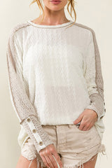 White Exposed Seam Textured Patch Buttoned Sleeve Top