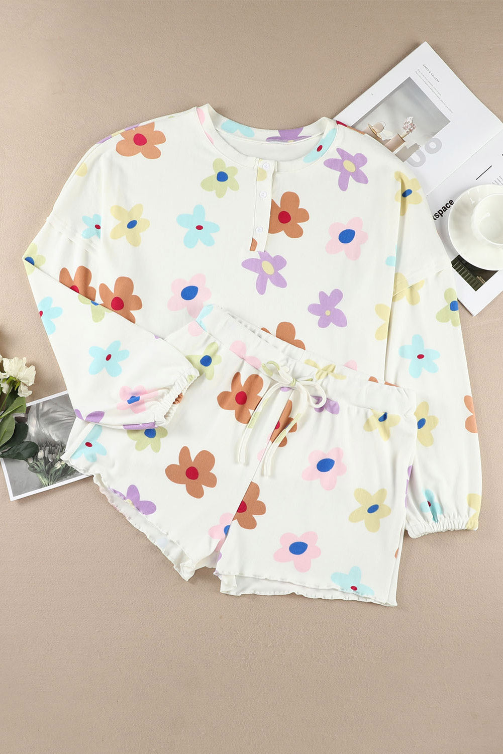 White Flower Print Notch V-Neck Flutter Tank