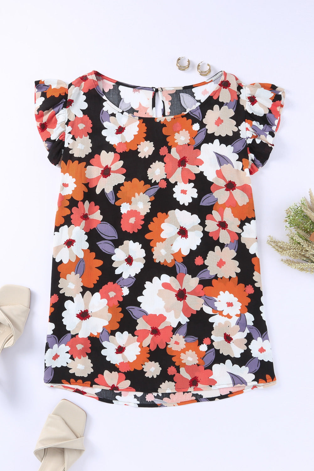 Multicolor Ruffle Sleeve Floral Plus Size Top