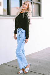Black Solid Casual Round Neck Raglan Long Sleeve Tee
