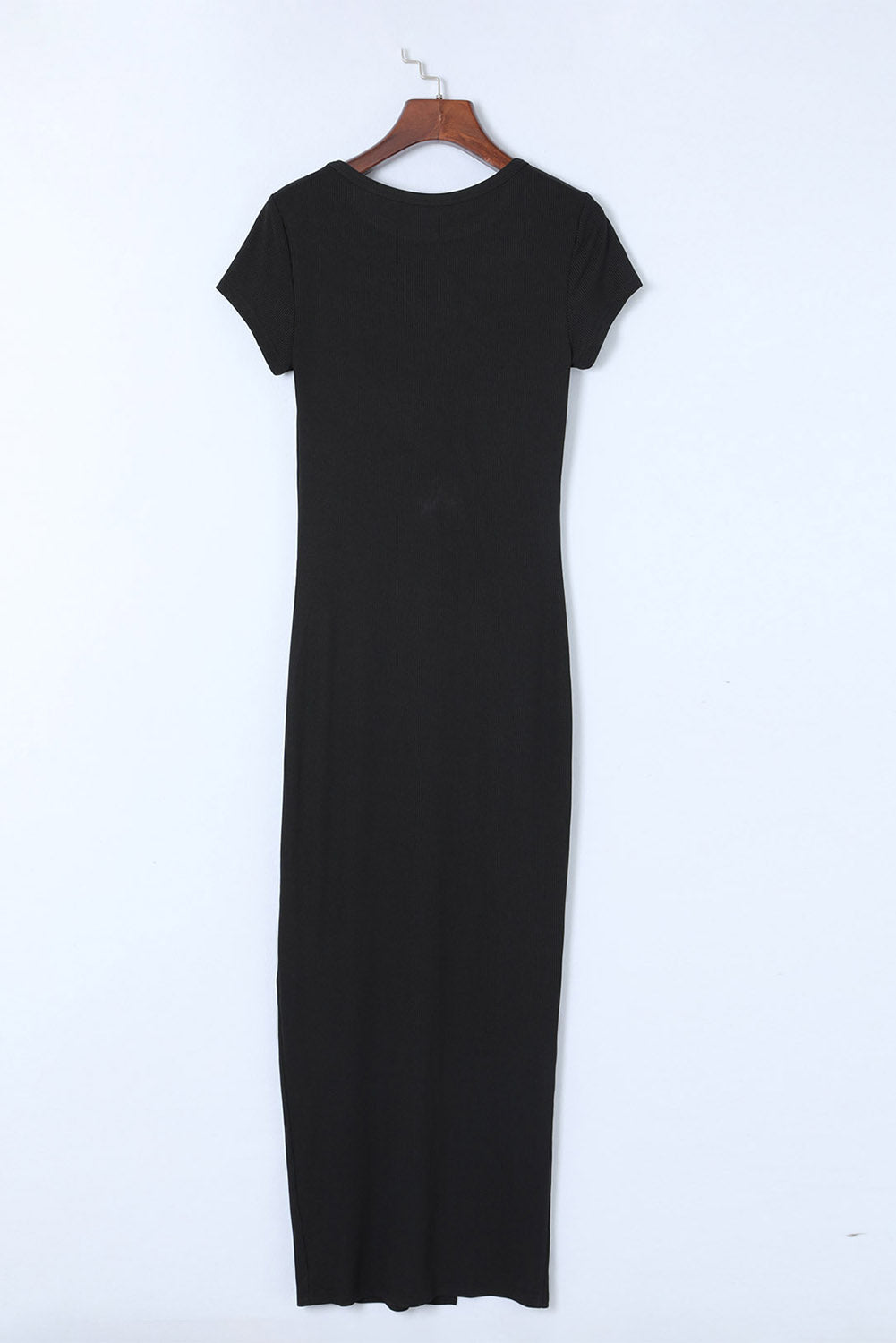 Black Cap Sleeves Ribbed Knit Long Dress with Split