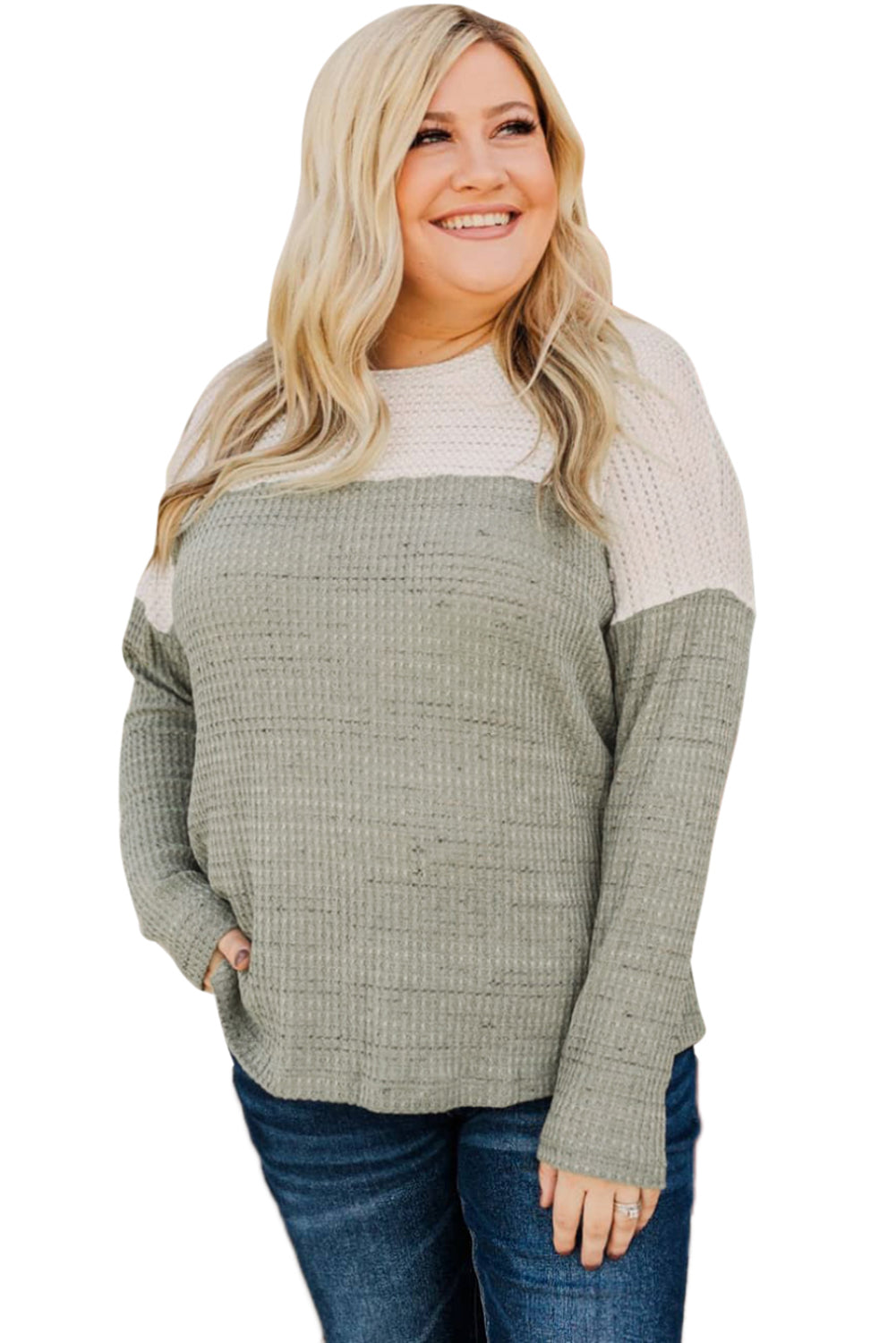 Green Plus Size Colorblock Knit Long Sleeve Top