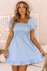 Striped Print Shirred Square Neck Puff Sleeve Mini Dress