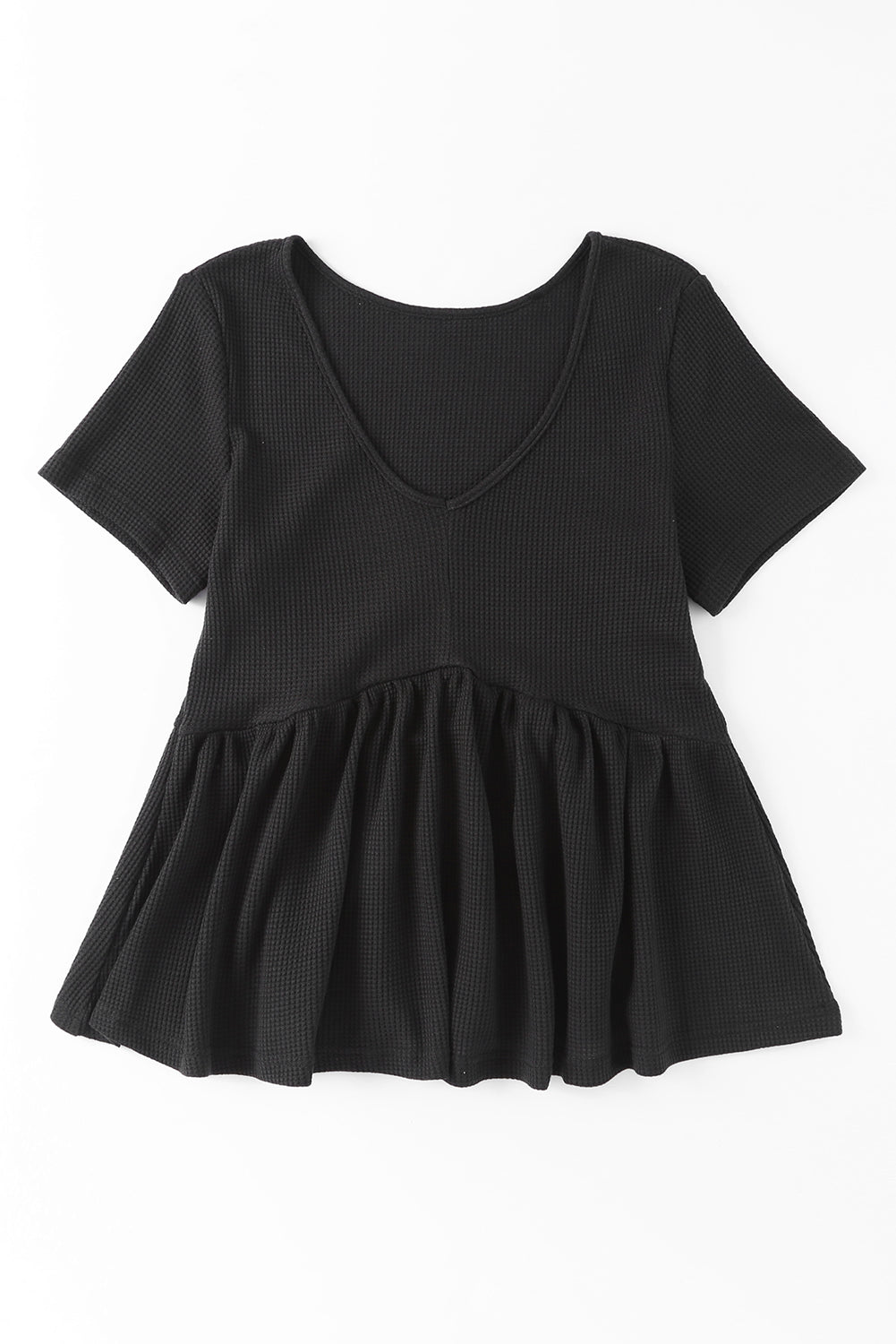 Black Short Sleeve Waffle Knit Peplum Top