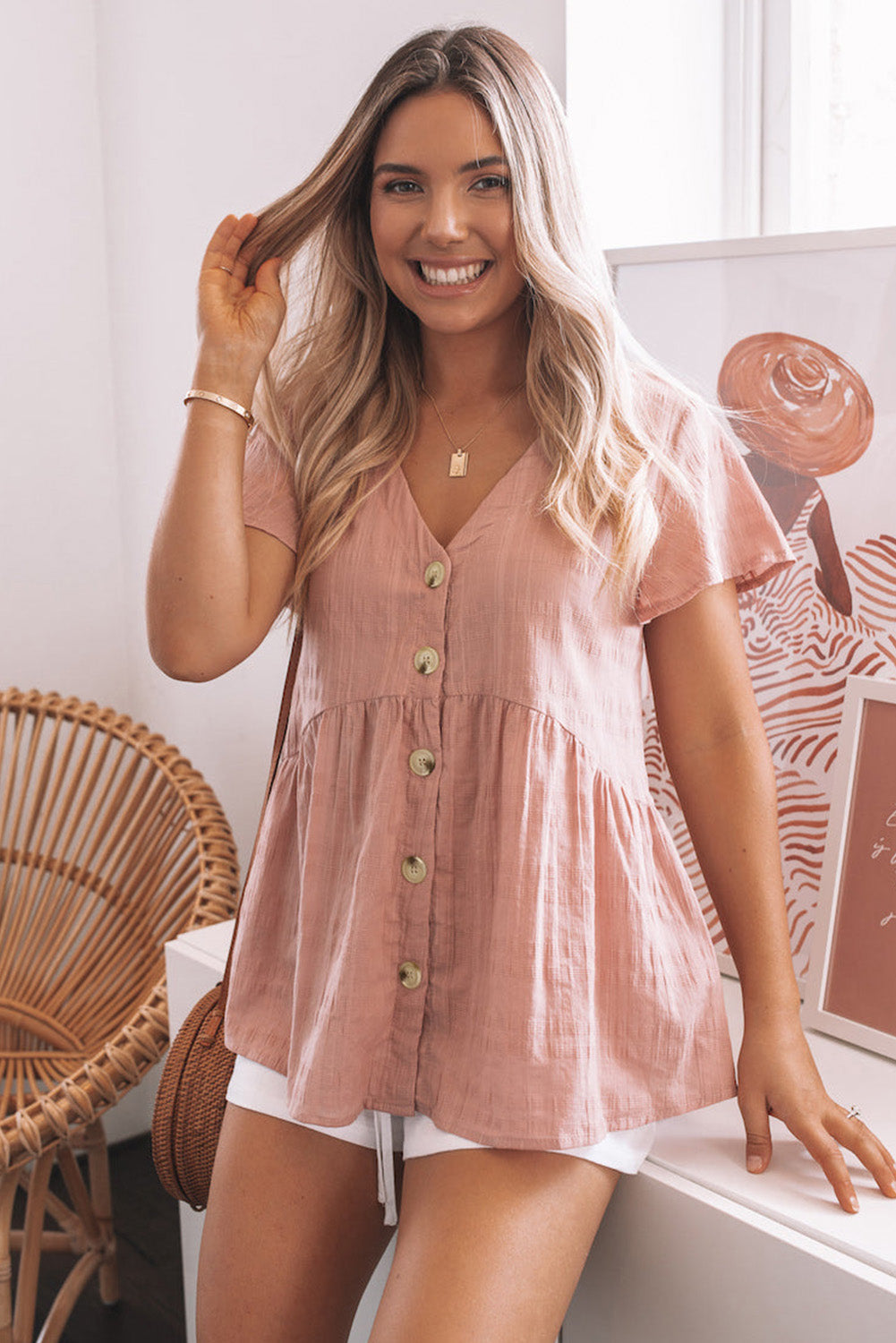 Pink Short Sleeves Buttoned Peplum Shirt