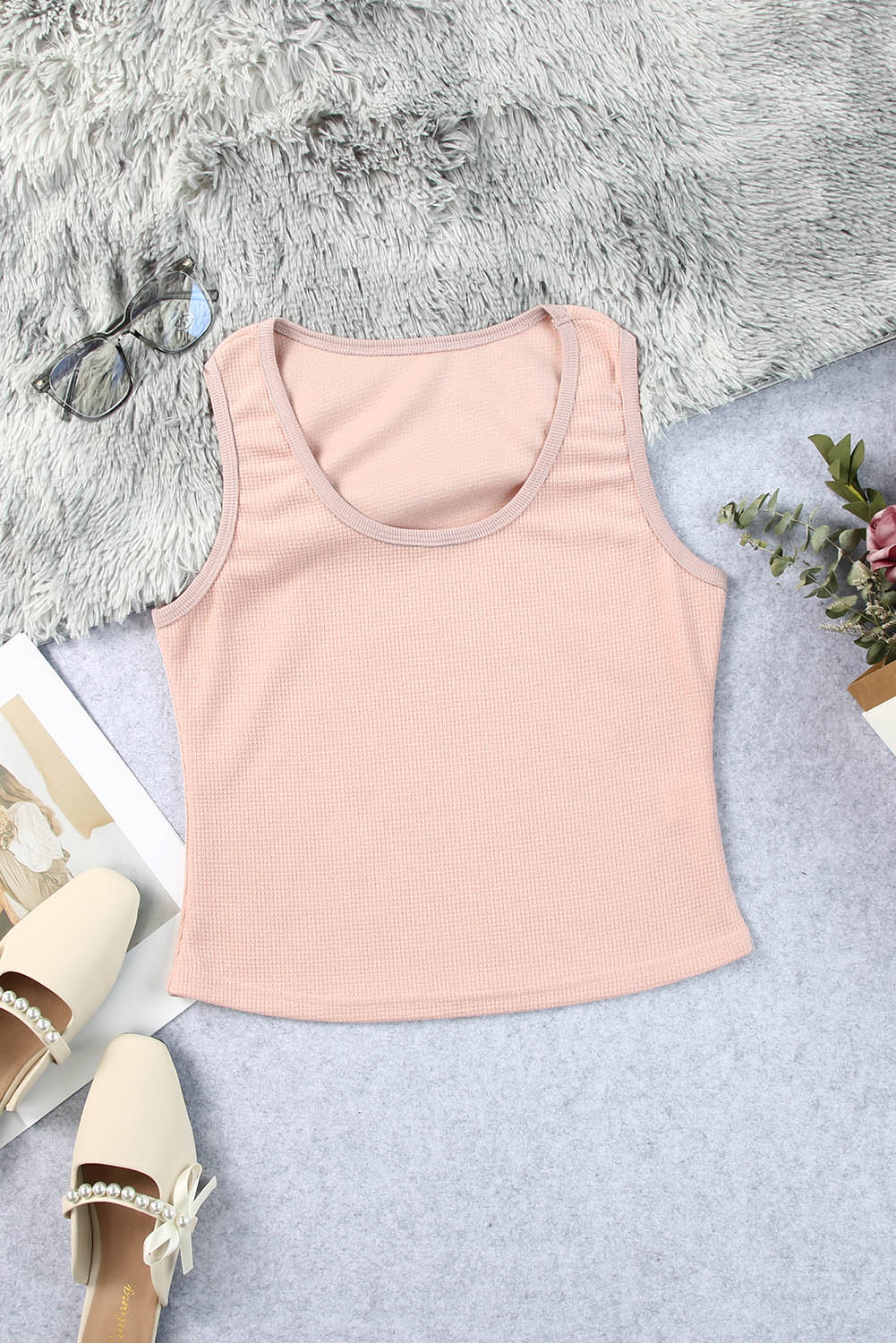 Gray Plain Waffle Knit U Neck Tank Top