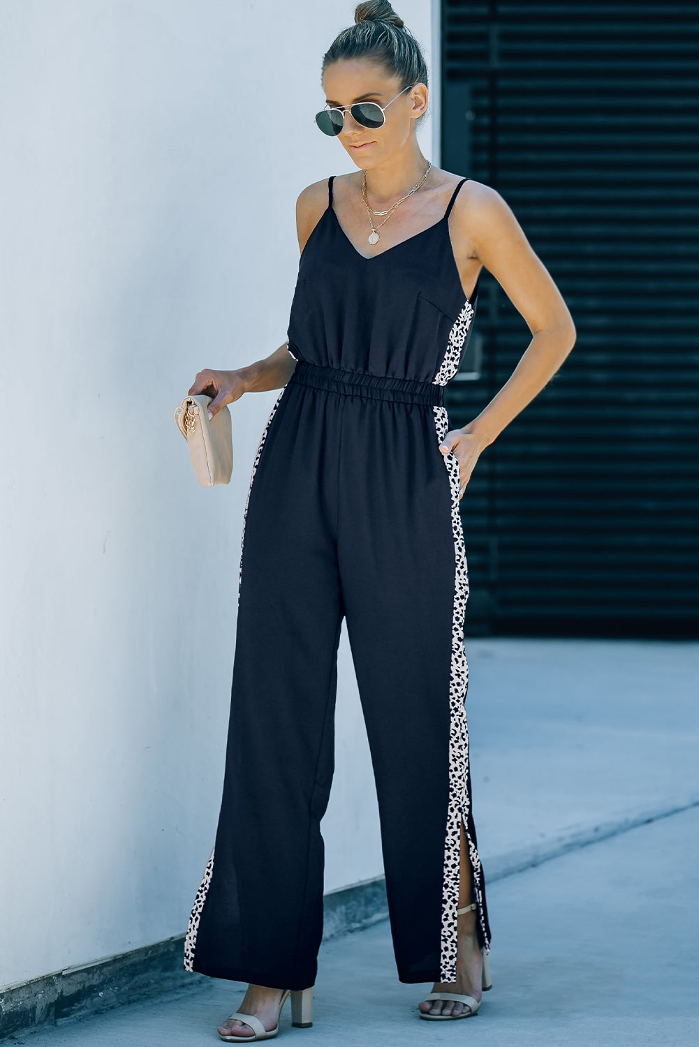 Black Leopard Patchwork Spaghetti Strap Wide Leg Jumpsuit