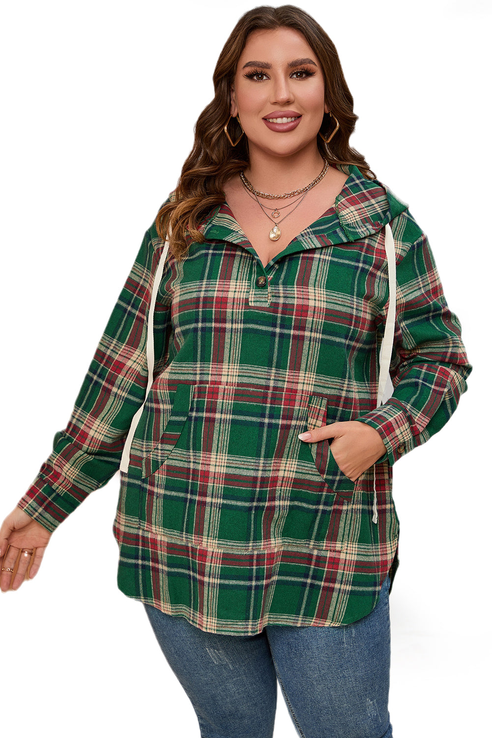 Green Plus Size Plaid Kangaroo Pocket Drawstring Hoodie