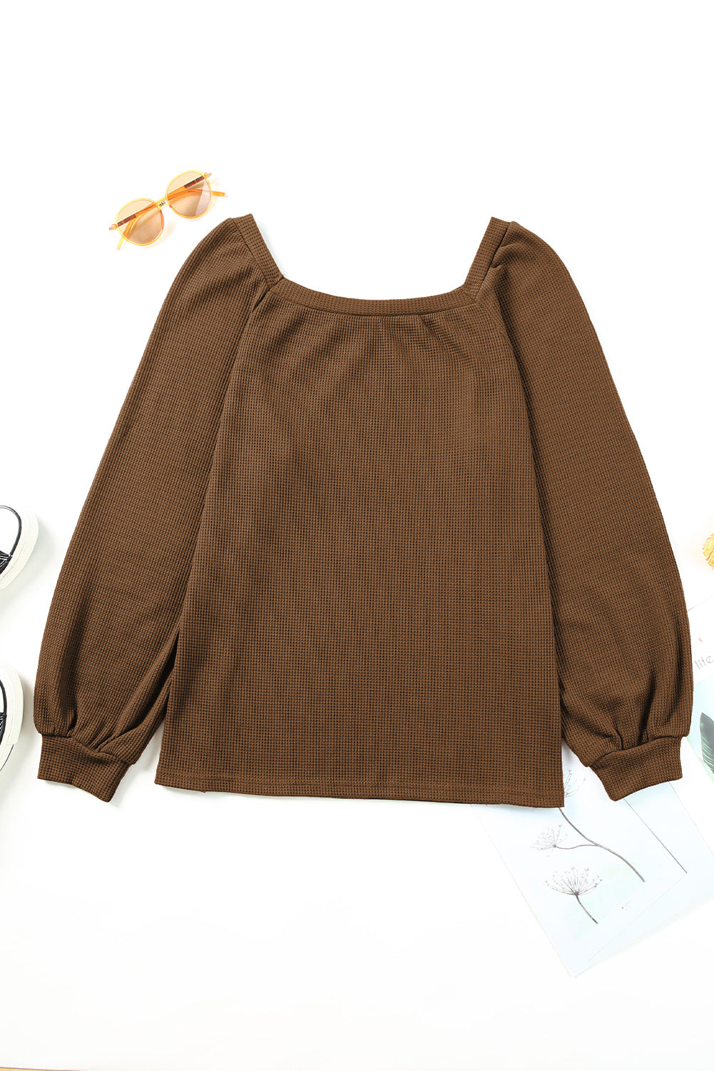 Square Neck Puff Sleeve Waffle Knit Top