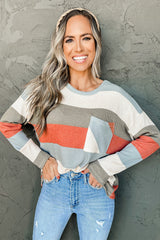 Red Striped Colorblock Ribbed Knit Top with Pocket