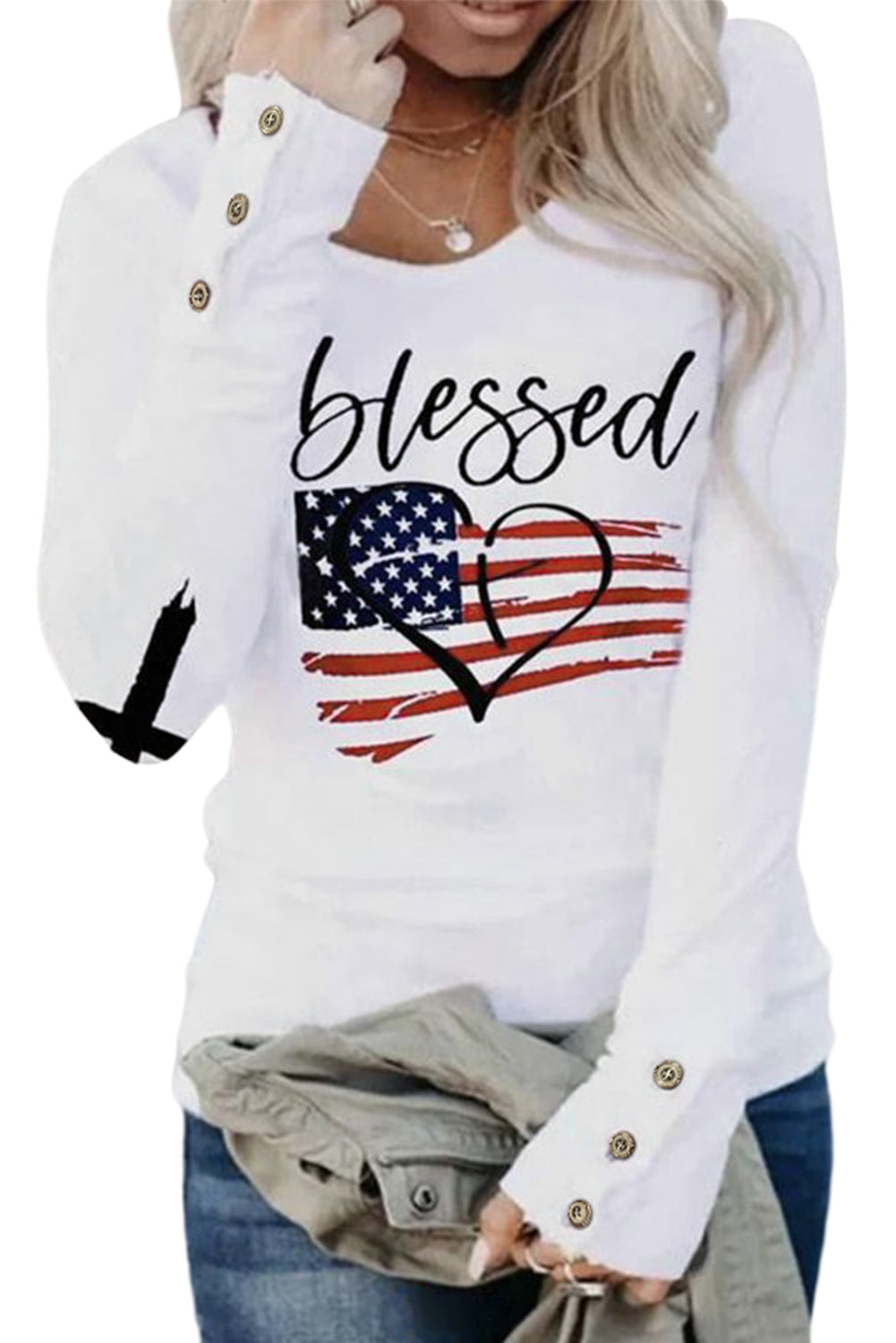 White Blessed American Flag Buttoned Long Sleeve T Shirt