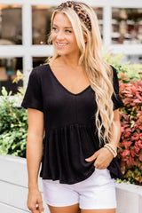 Black Short Sleeve Waffle Knit Peplum Top