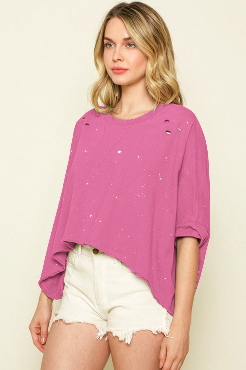 Pink Distressed Bleached Asymmetric Hem Short Sleeve Top