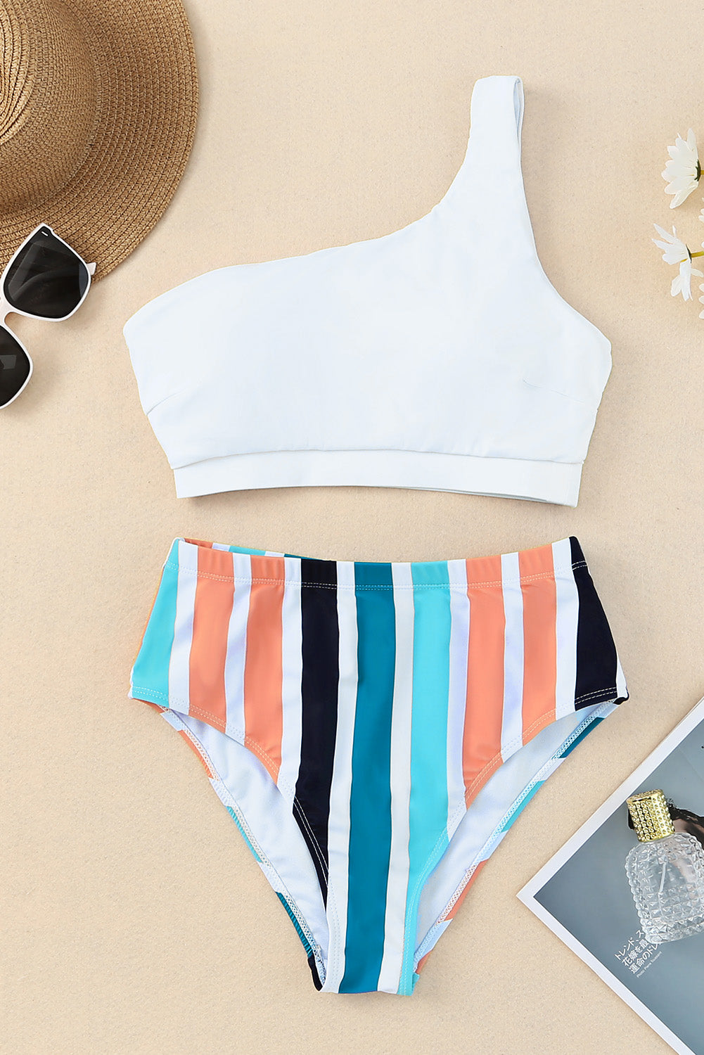 White One Shoulder Striped High Waist Two Pieces Swimsuit